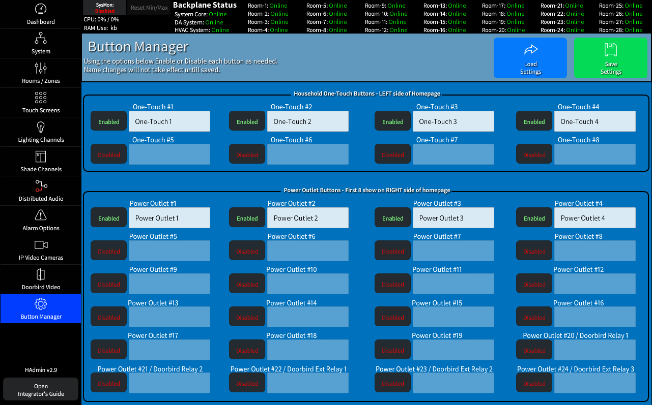 The HADA Admin Button and Outlet Settings Page
