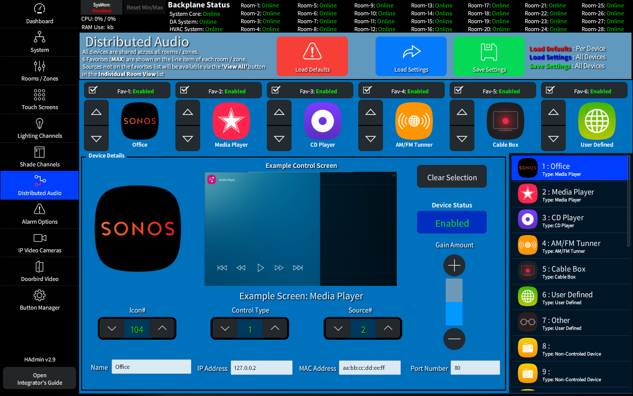 The HADA Admin Distributed Audio Settings Page