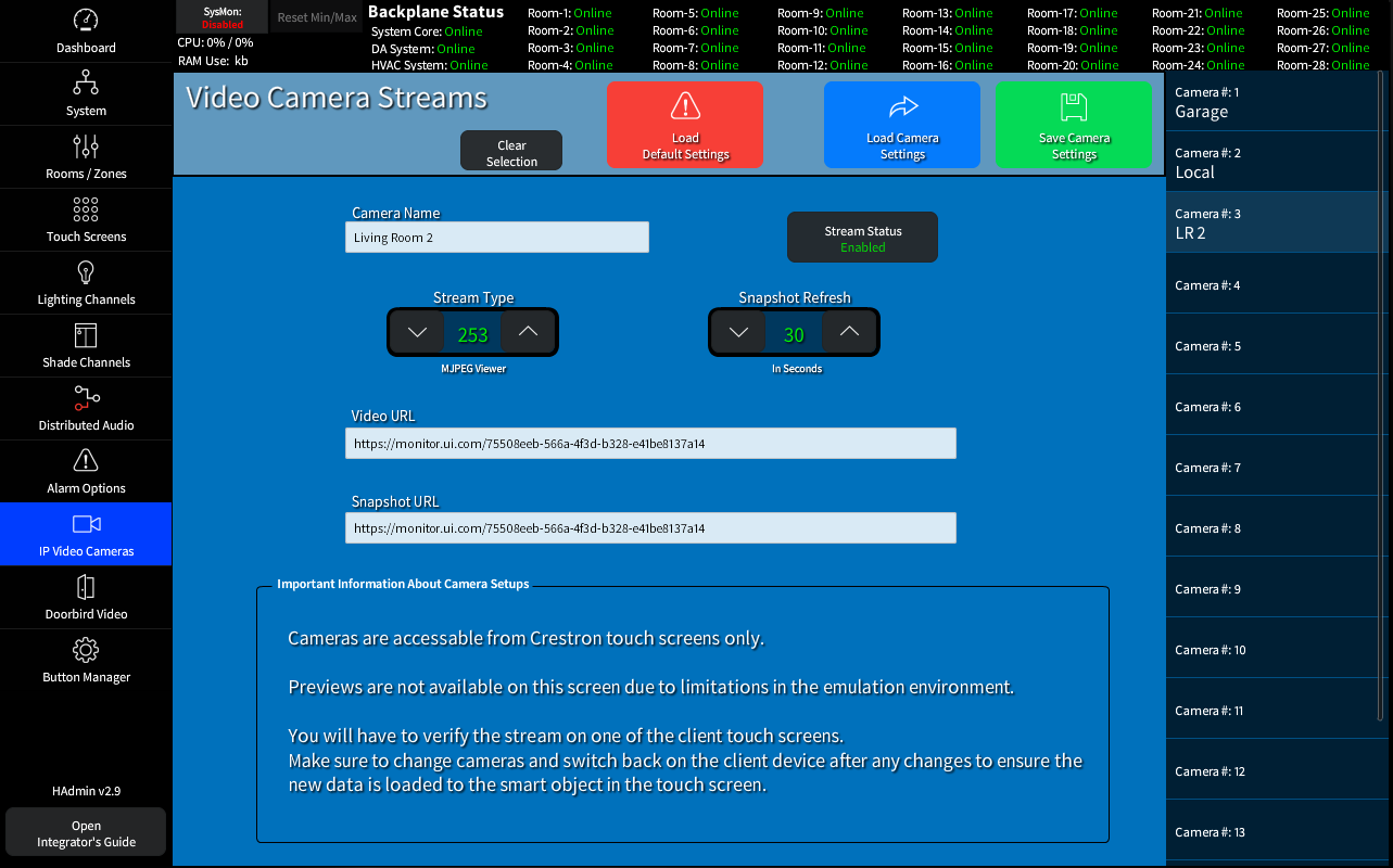 The HADA Admin IP Video Cameras Page