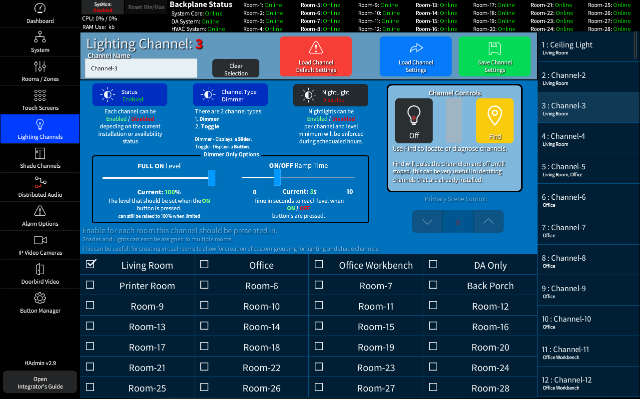 The HADA Admin Lighting Channels Settings