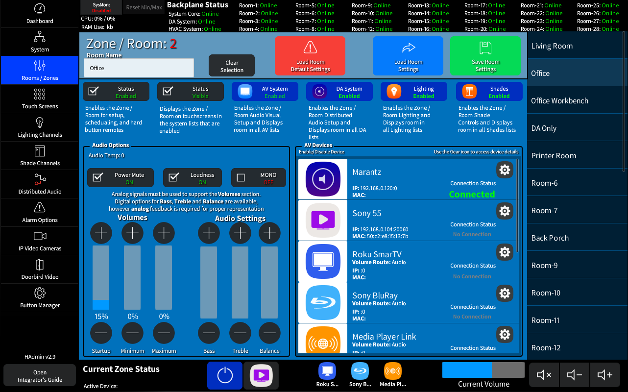 The HADA Admin Room / Zone Settings Page